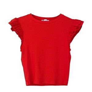 ZARA Ribbed Coral Ruffle Flutter Sleeve Crop Top - Size Medium